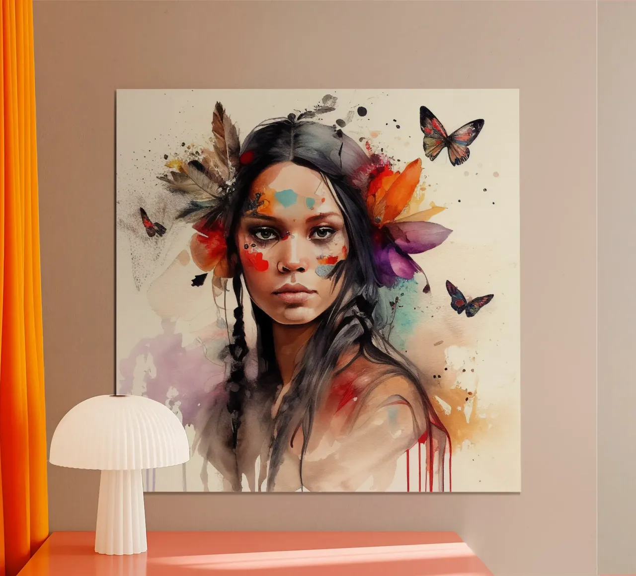 Acquerello floreale indiano Donna nativa poster con telaio in legno da Chromatic Fusion Studio