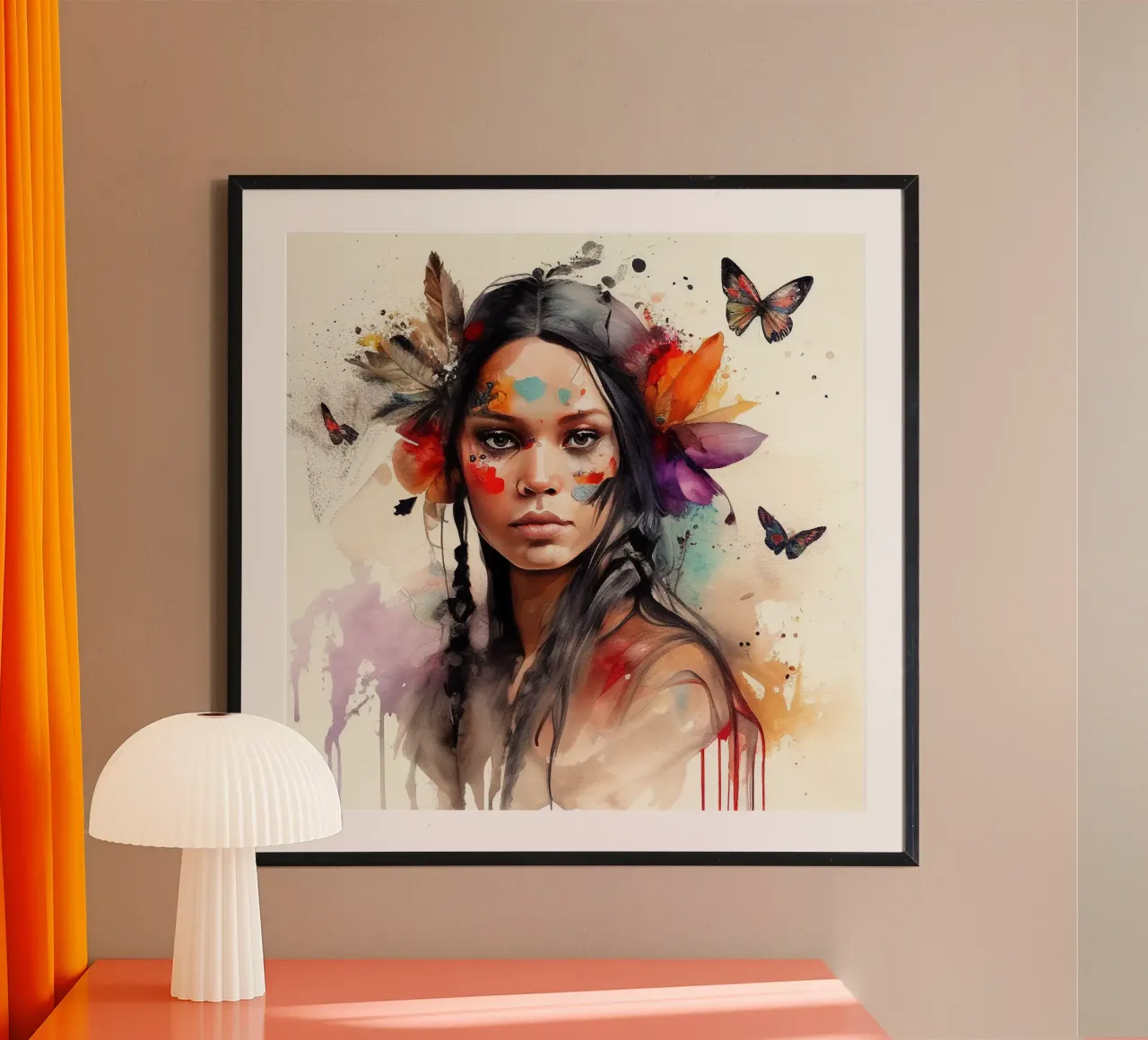 Acquerello floreale indiano Donna nativa poster con telaio in legno da Chromatic Fusion Studio