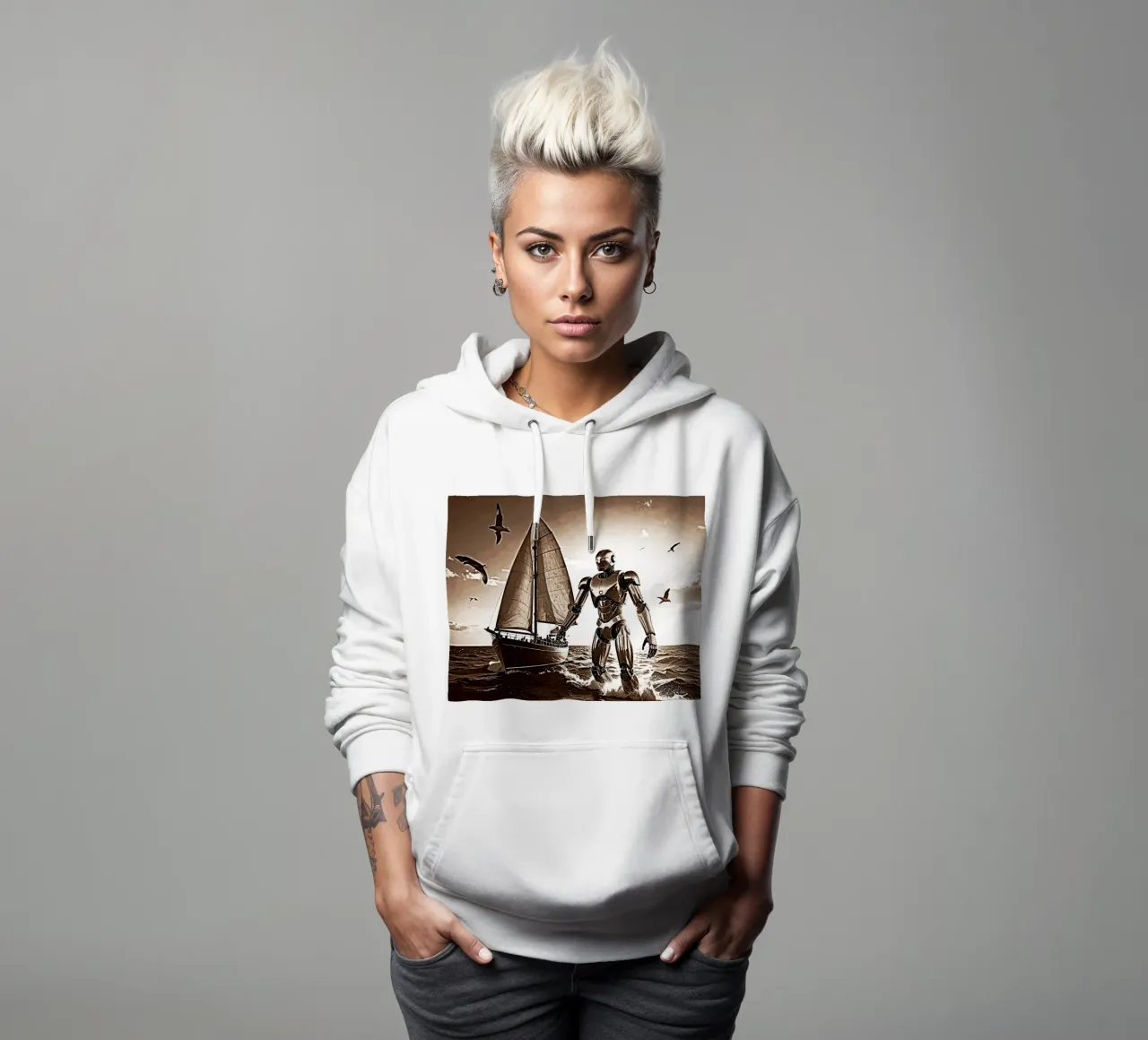 ROBOT AVEC VOILIER. Sépia felpa con cappuccio da Thierry vobmann photography