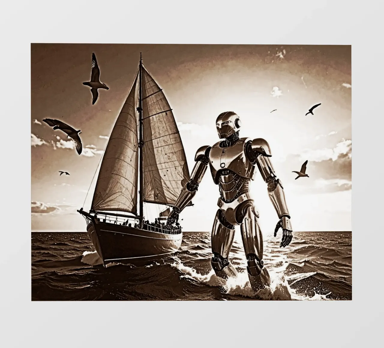 ROBOT AVEC VOILIER. Sépia telo in pvc da Thierry vobmann photography