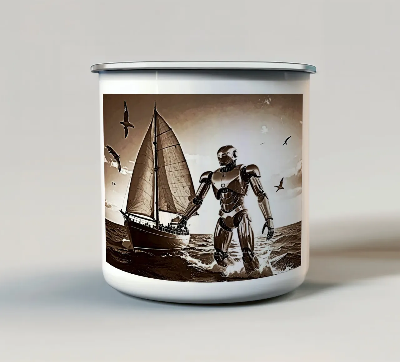 ROBOT AVEC VOILIER. Sépia tazza in smalto da Thierry vobmann photography