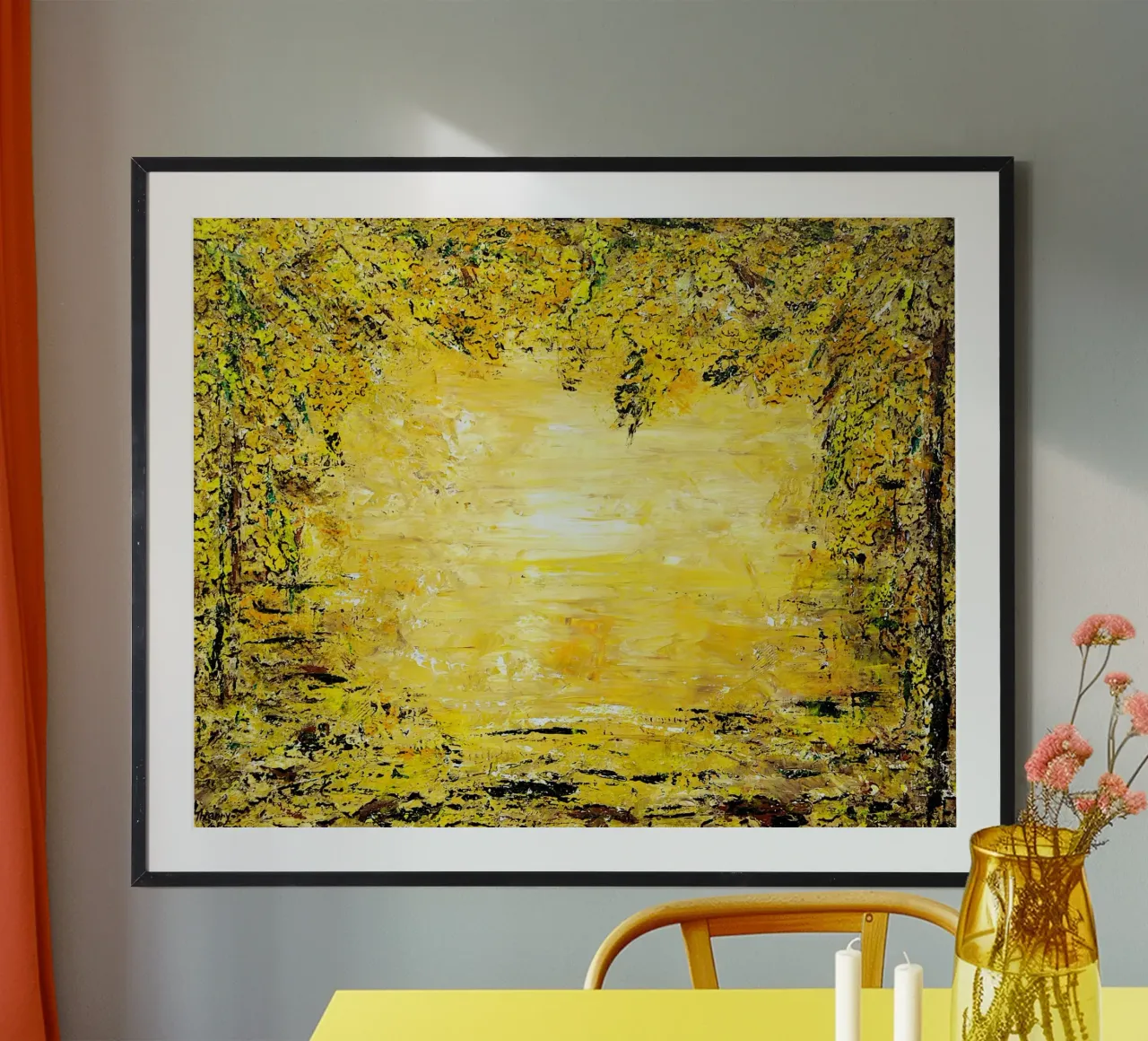 GOLDEN LIGHT poster con telaio in alluminio da Thierry Vobmann Abstract painting