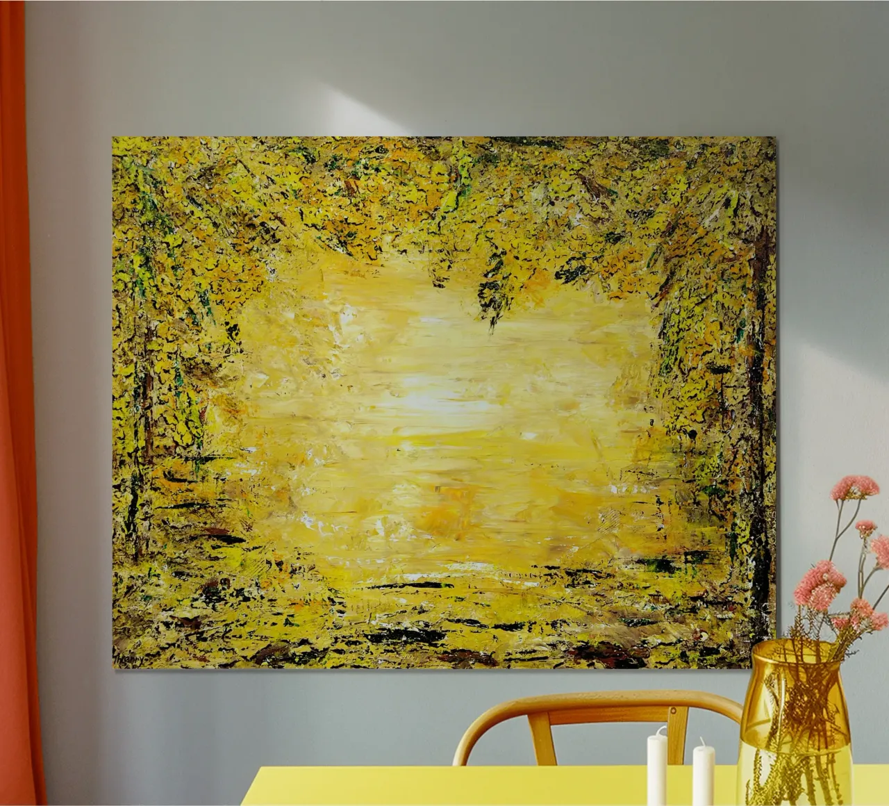 GOLDEN LIGHT poster con telaio in alluminio da Thierry Vobmann Abstract painting