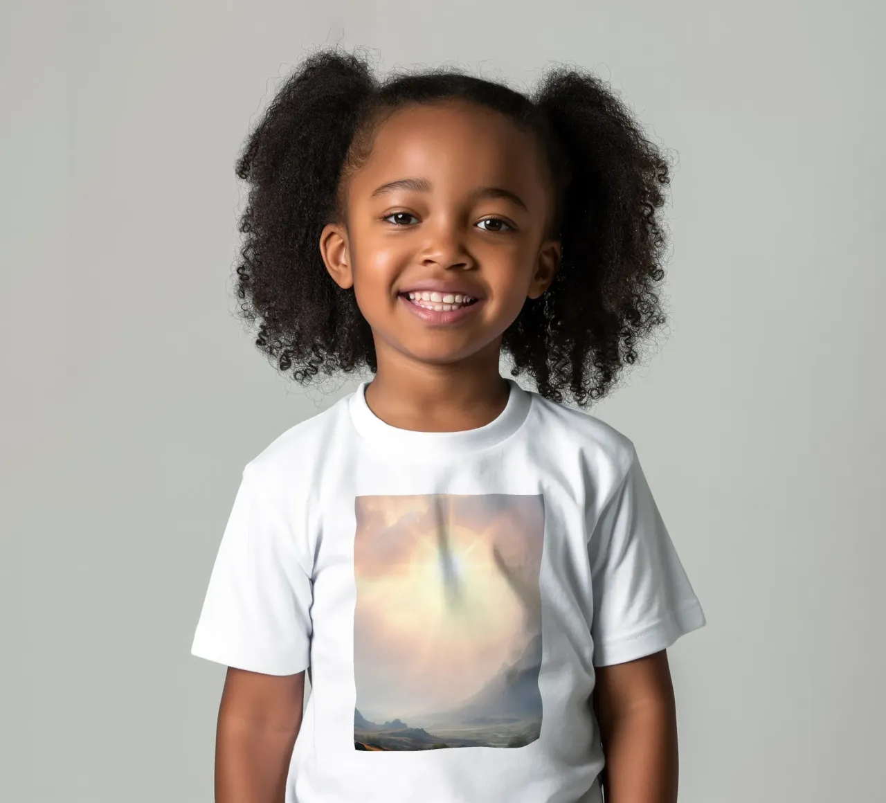 Sunlight breaks through clouds illuminating a calm valley kids t-shirt by DesignDoodle