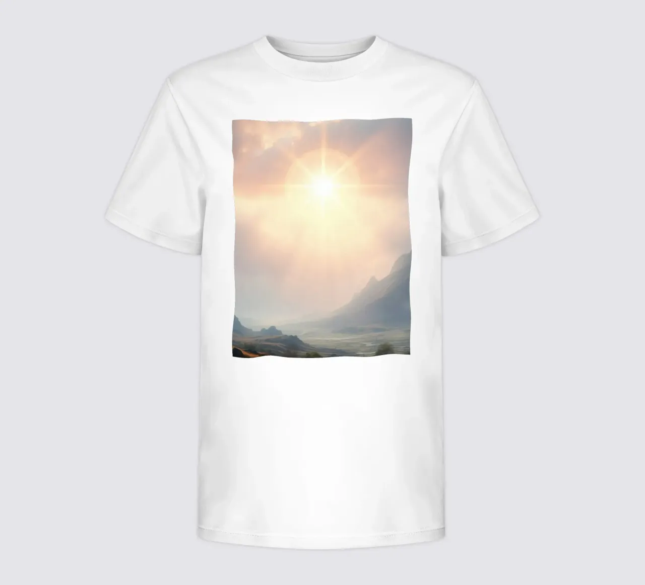Sunlight breaks through clouds illuminating a calm valley kids t-shirt by DesignDoodle