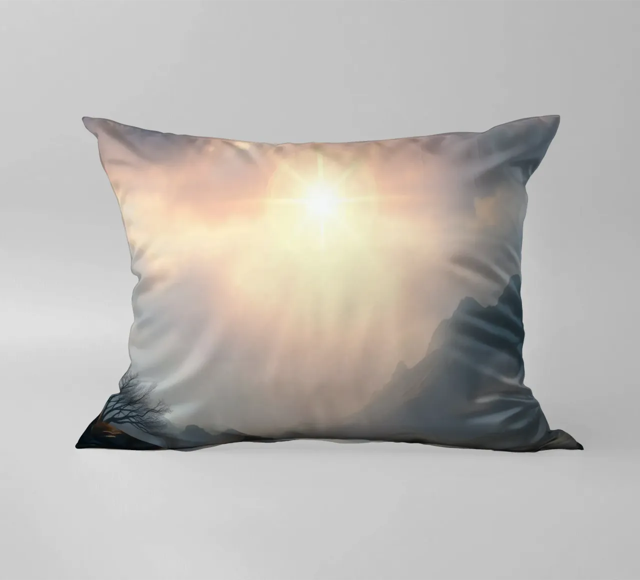 Sunlight breaks through clouds illuminating a calm valley decorative cushion by DesignDoodle