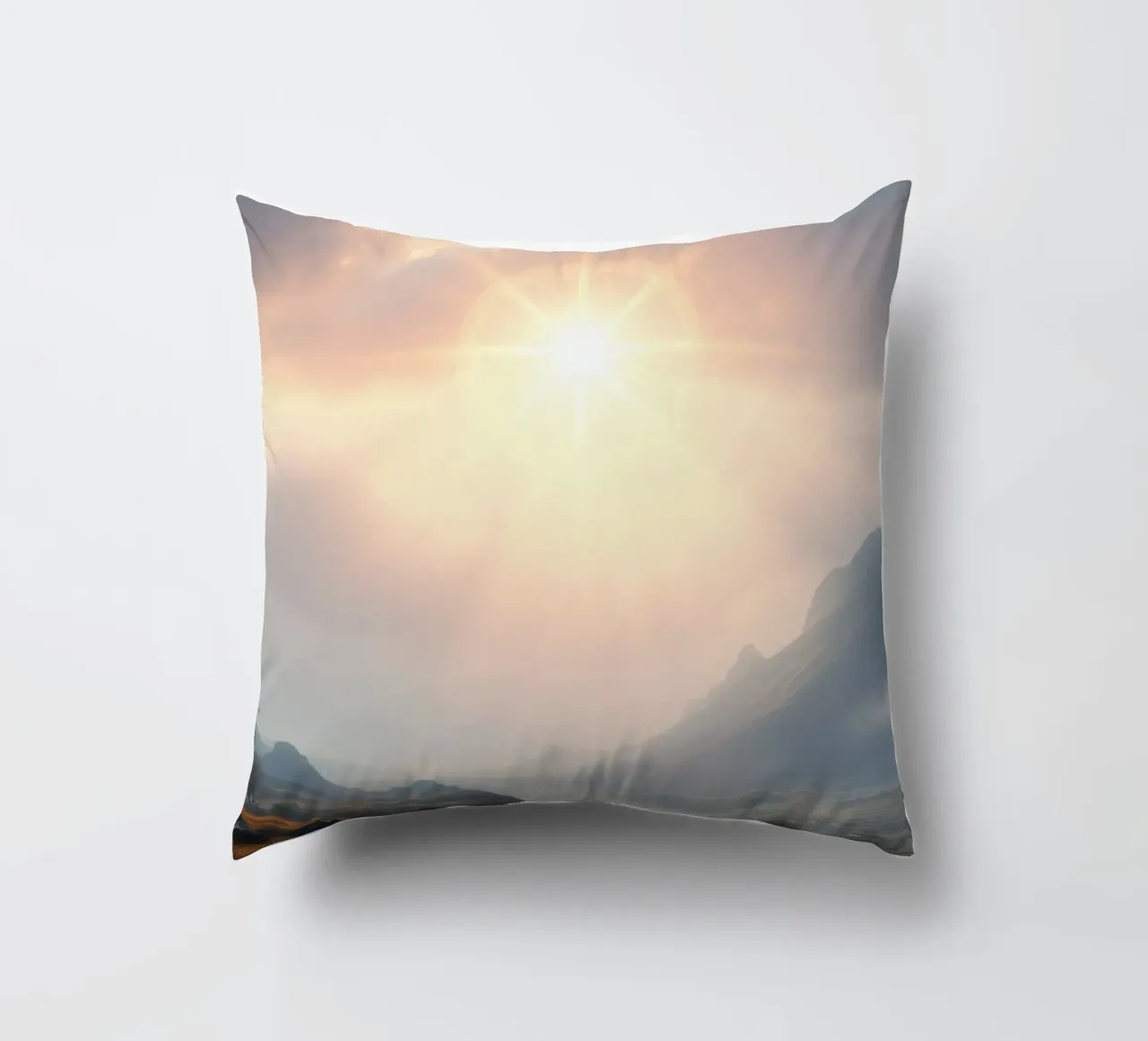 Sunlight breaks through clouds illuminating a calm valley decorative cushion by DesignDoodle