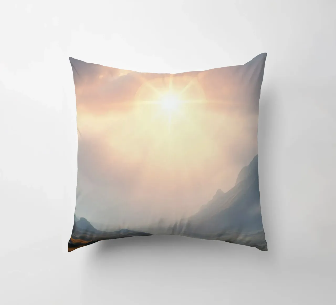 Sunlight breaks through clouds illuminating a calm valley decorative cushion by DesignDoodle