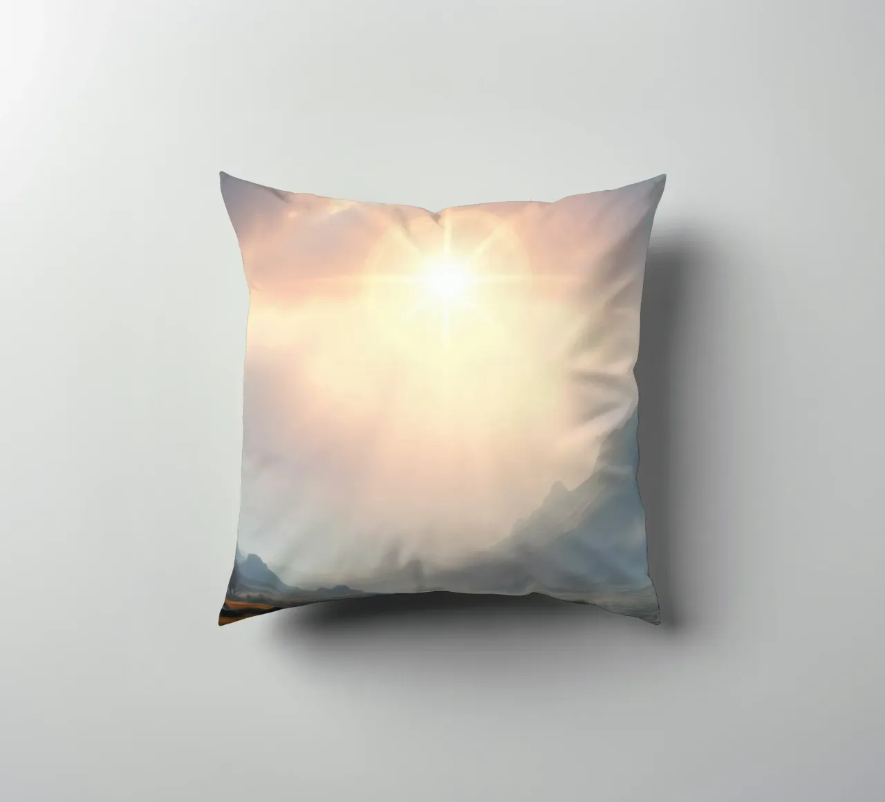 Sunlight breaks through clouds illuminating a calm valley decorative cushion by DesignDoodle