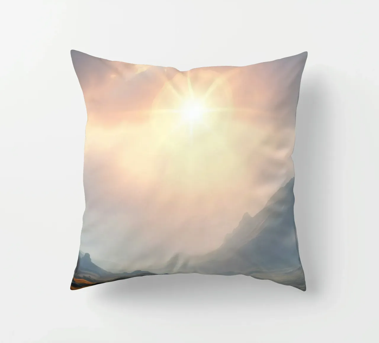 Sunlight breaks through clouds illuminating a calm valley decorative cushion by DesignDoodle
