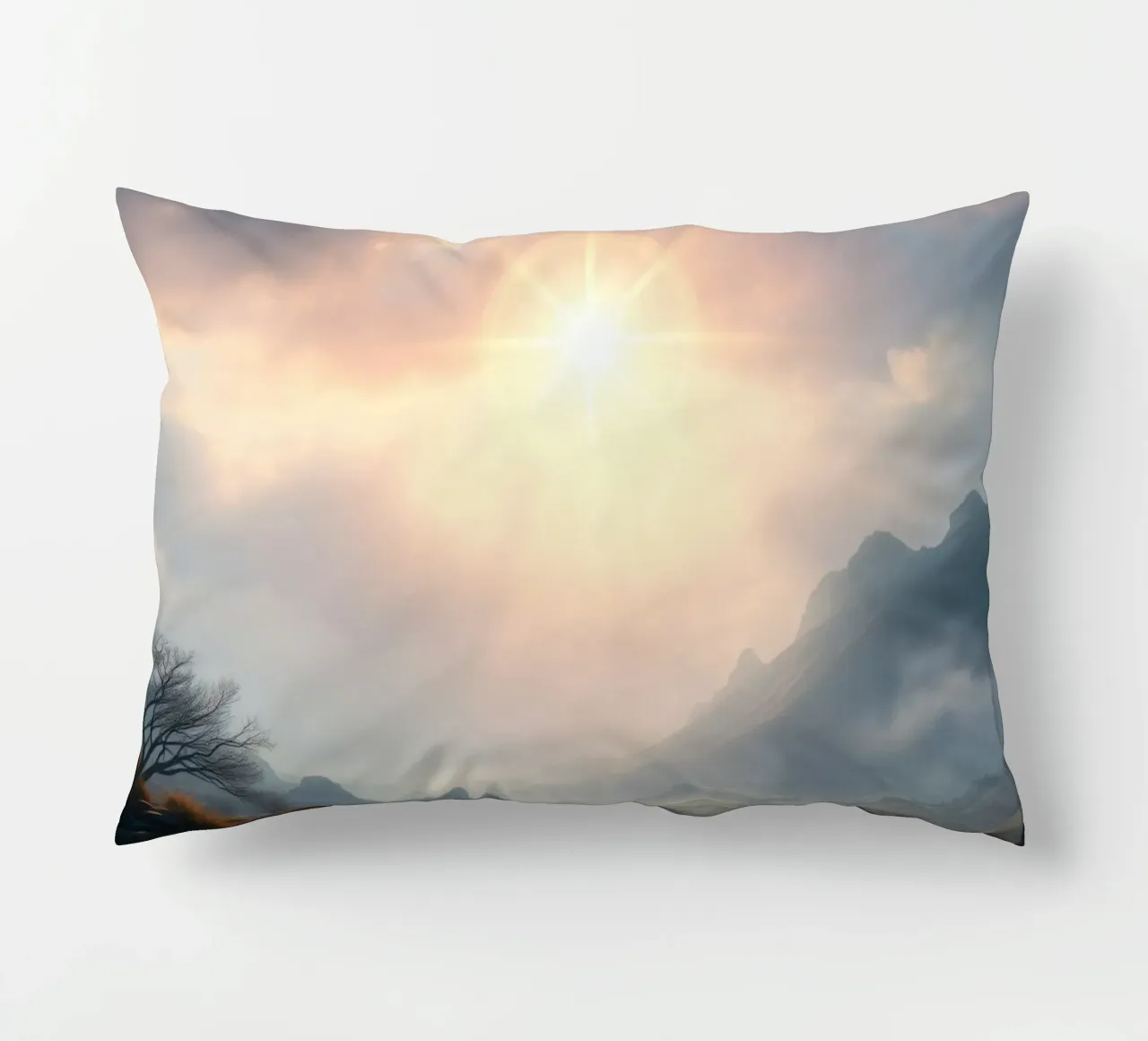 Sunlight breaks through clouds illuminating a calm valley decorative cushion by DesignDoodle