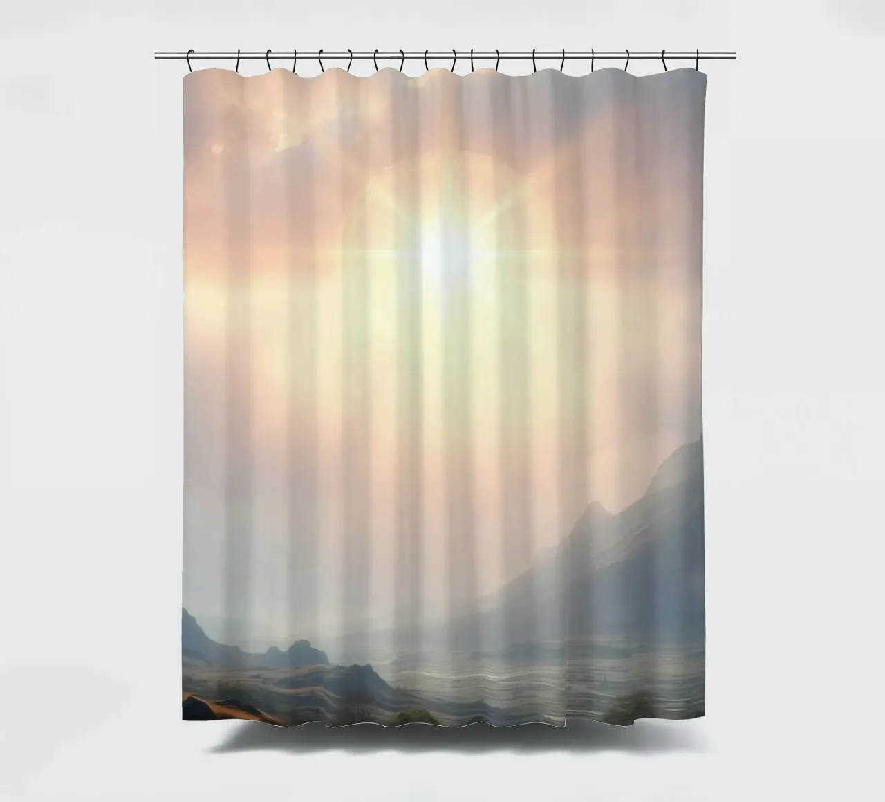 Sunlight breaks through clouds illuminating a calm valley shower curtain by DesignDoodle