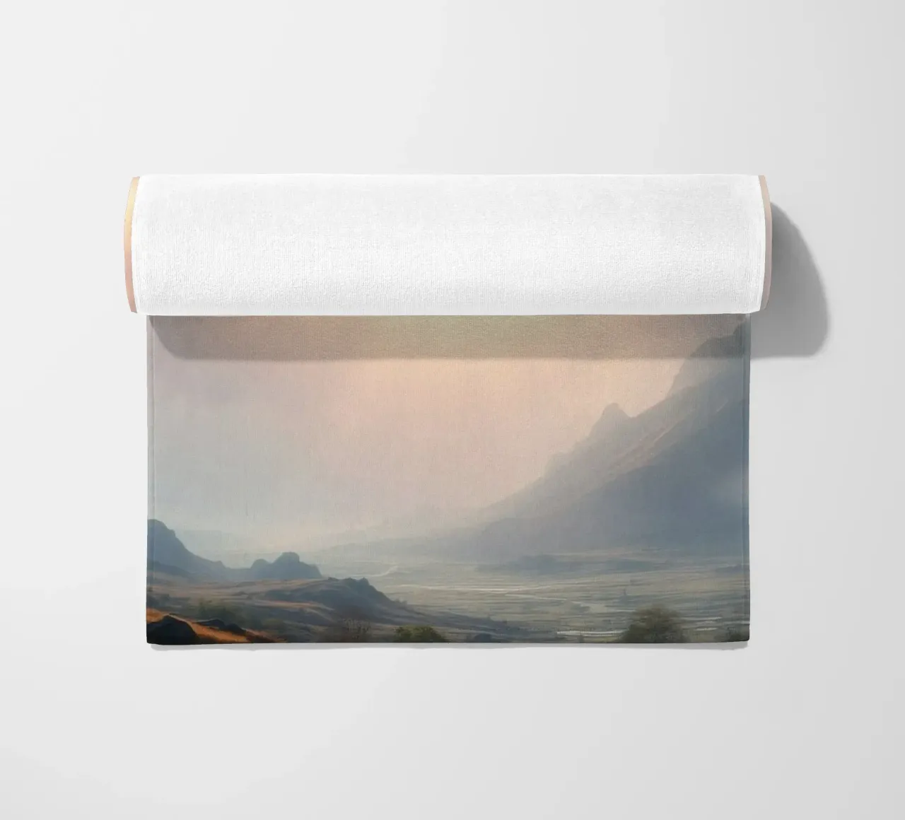 Sunlight breaks through clouds illuminating a calm valley beach towel by DesignDoodle
