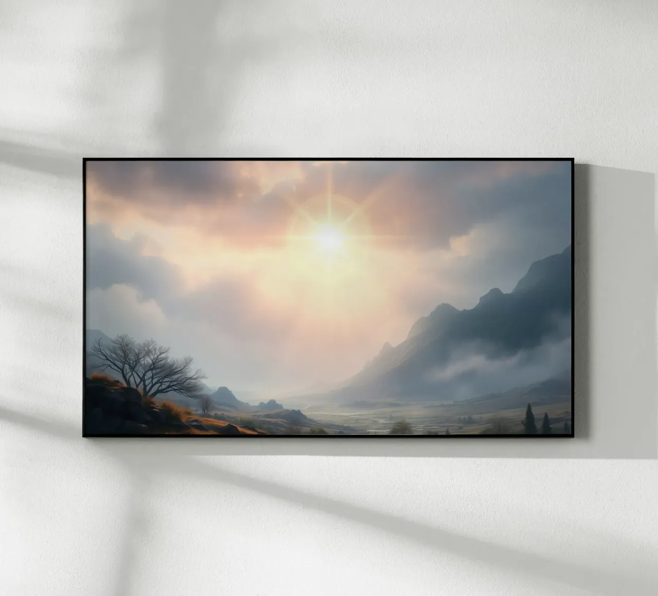 Sunlight breaks through clouds illuminating a calm valley acrylic glass by DesignDoodle