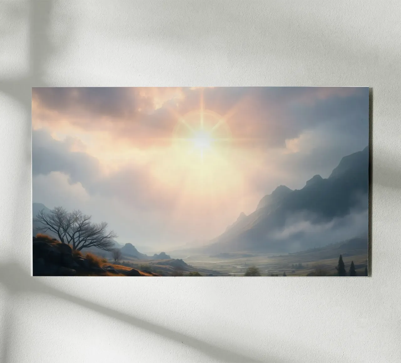 Sunlight breaks through clouds illuminating a calm valley alu-dibond by DesignDoodle