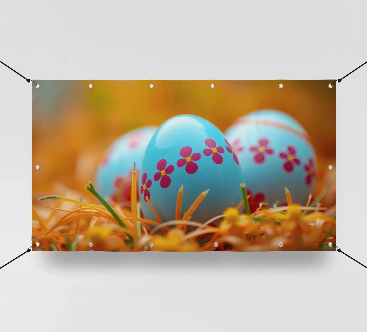 Uova decorate e colorate immerse in un'erba arancione e vivace. telo in pvc da DesignDoodle