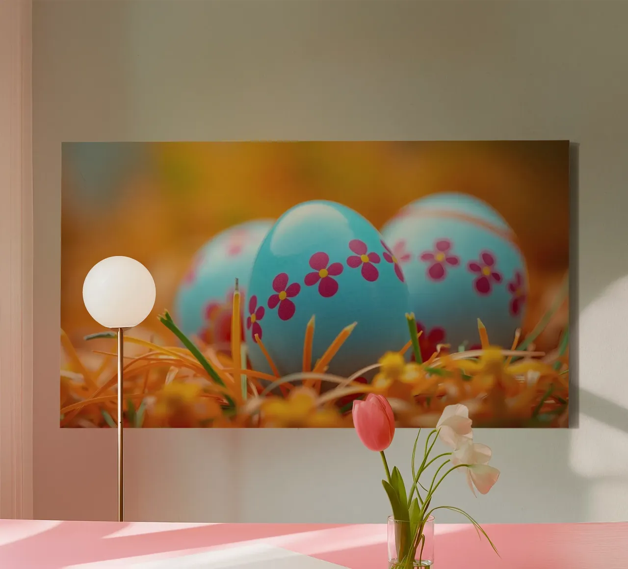 Uova decorate e colorate immerse in un'erba arancione e vivace. tela da DesignDoodle