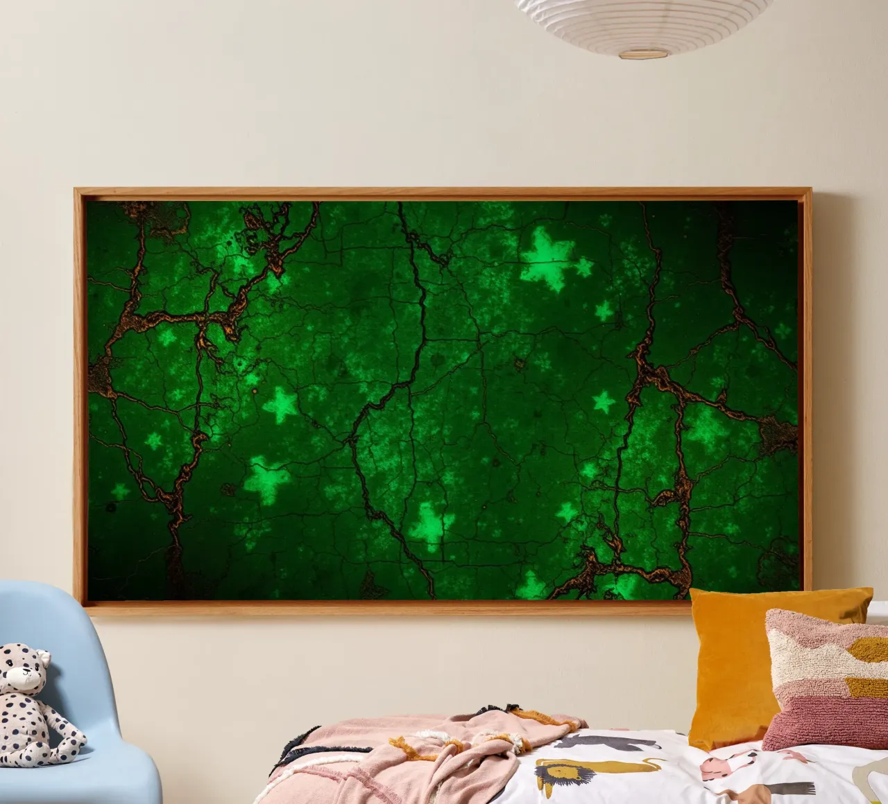 Heldergroene getextureerde achtergrond met sterren canvas met Baklijst van DesignDoodle