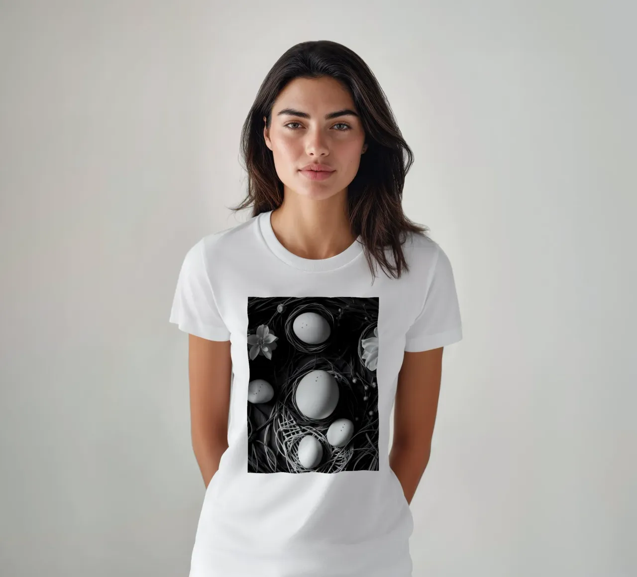 Elegant arrangement of eggs and flowers in a natural setting t-shirt by DesignDoodle