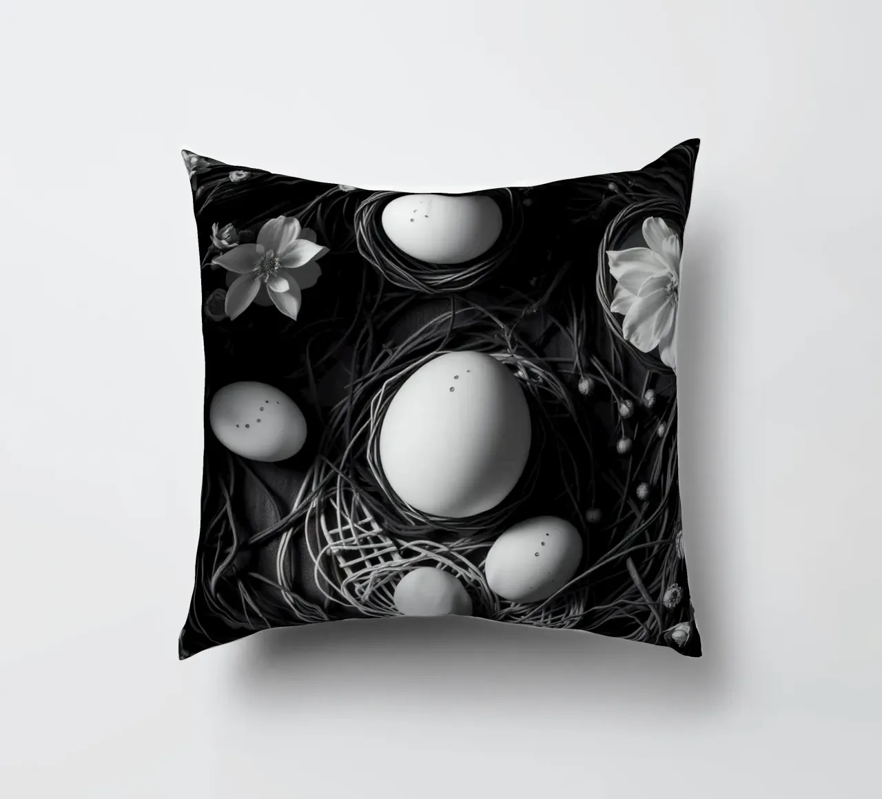 Elegantes Arrangement aus Eiern und Blumen in einer natürlichen Umgebung Kissen von DesignDoodle