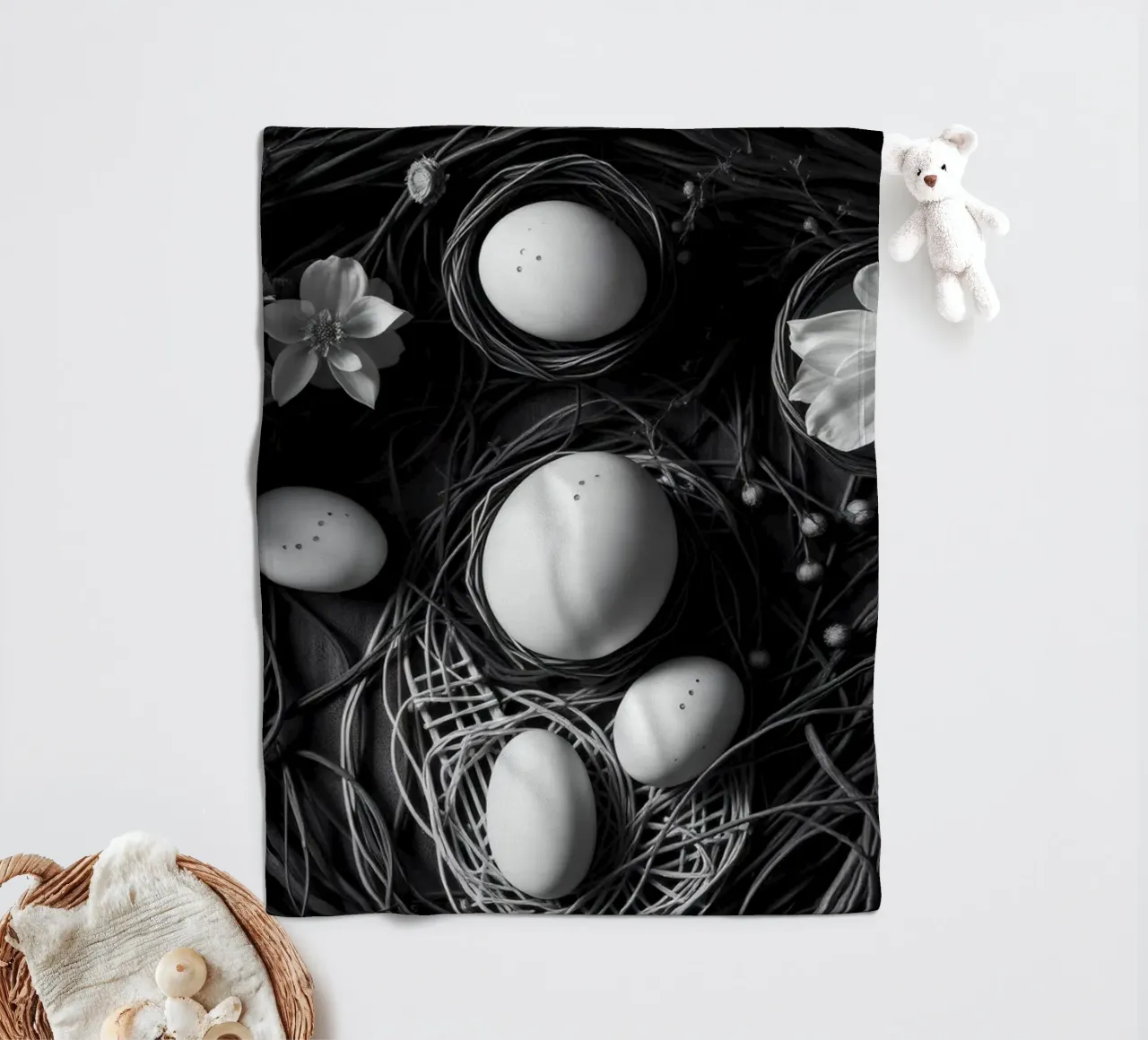 Elegant arrangement of eggs and flowers in a natural setting fleece blanket by DesignDoodle