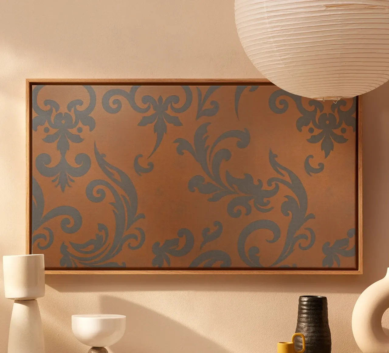 Ornate wall design featuring elegant patterns in rich canvas with Floater frame by DesignDoodle