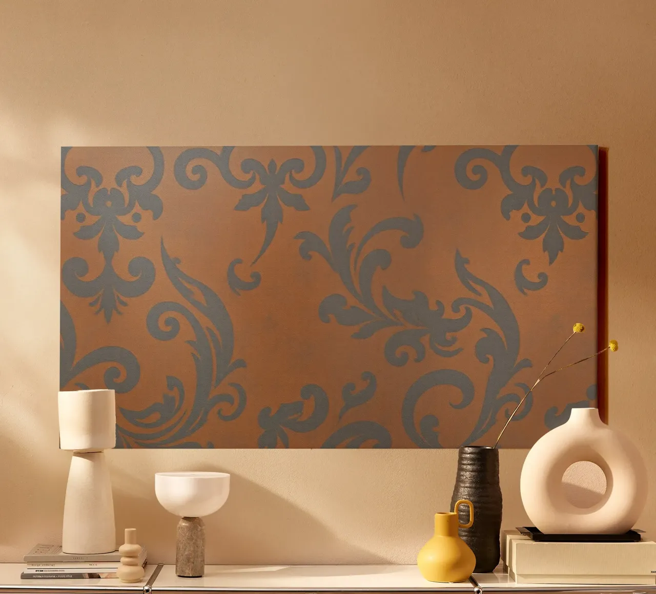 Ornate wall design featuring elegant patterns in rich canvas with Floater frame by DesignDoodle