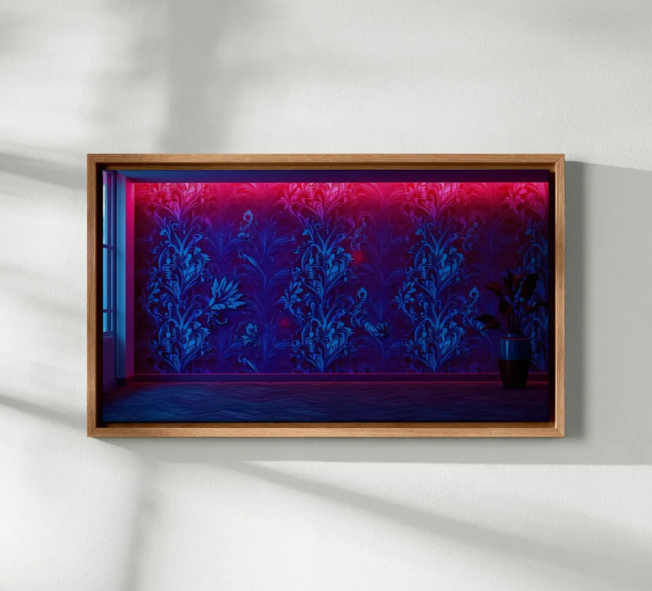 Colorful patterned wall with neon lighting in modern canvas by DesignDoodle