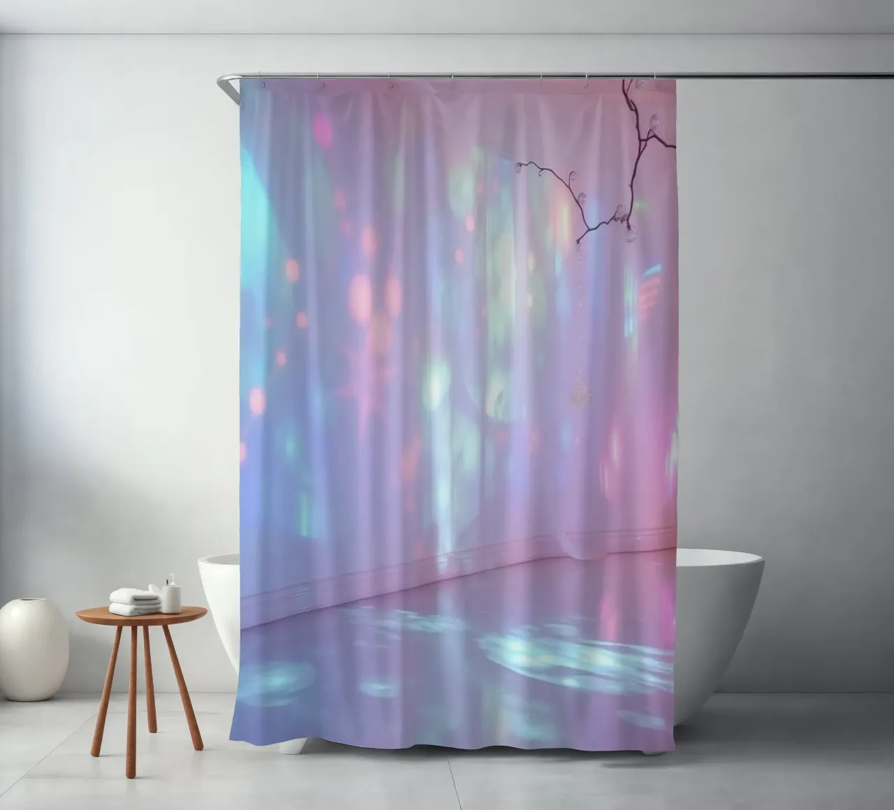 Le proiezioni di luce colorata creano un'atmosfera eterea in tenda da doccia da DesignDoodle