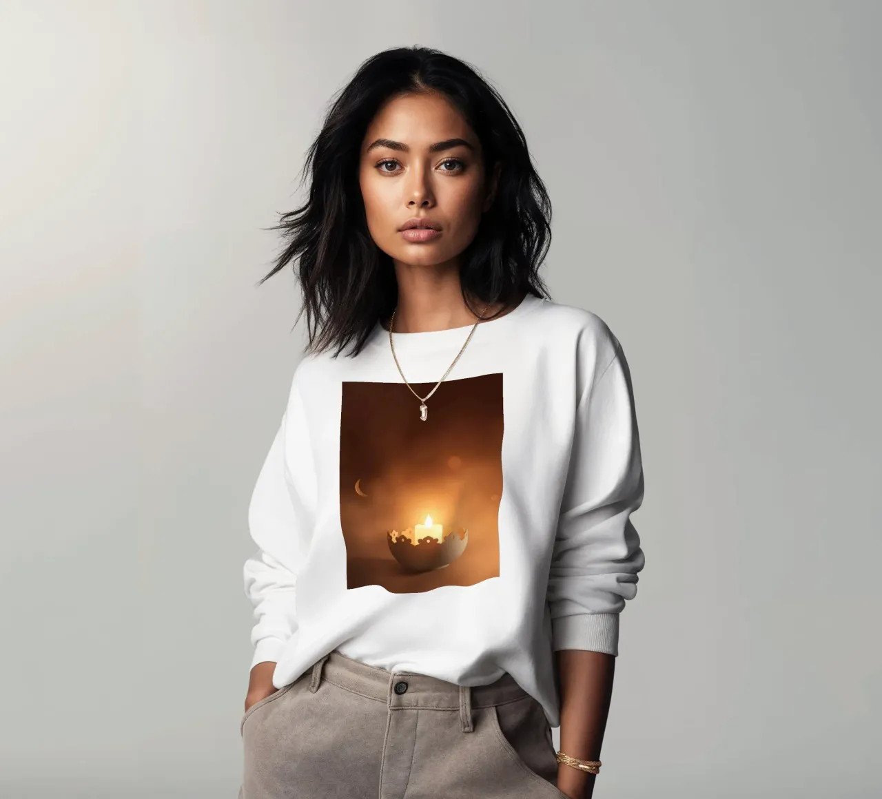 Candela a luce soffusa in un supporto ornato, circondata da un ciuffo di foglie. felpa da DesignDoodle