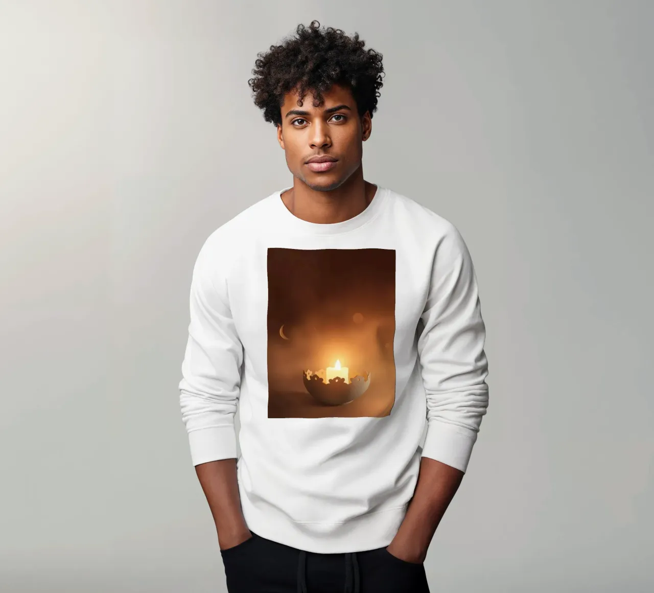 Candela a luce soffusa in un supporto ornato, circondata da un ciuffo di foglie. felpa da DesignDoodle