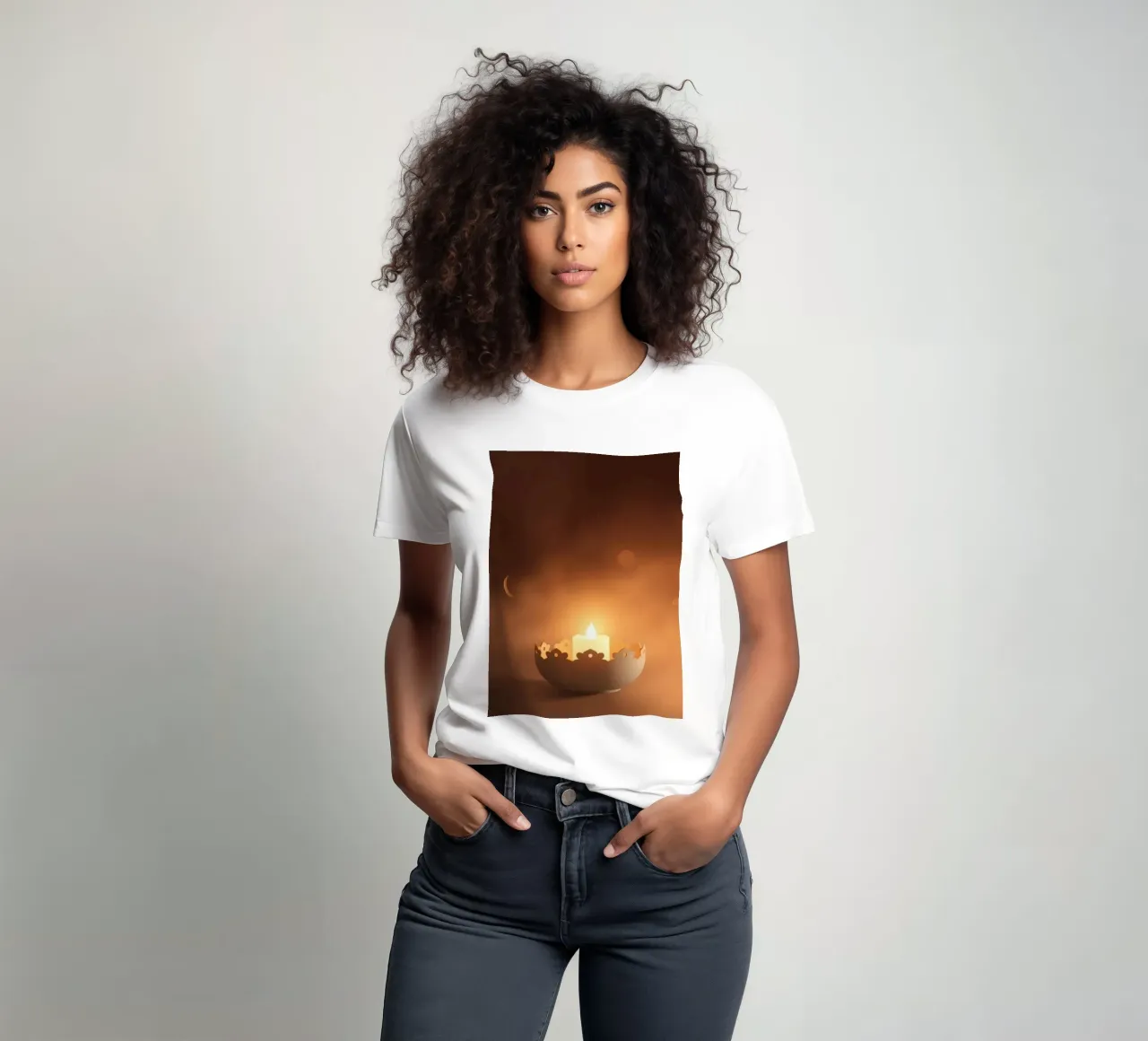 Candela a luce soffusa in un supporto ornato, circondata da un ciuffo di foglie. t-shirt da DesignDoodle