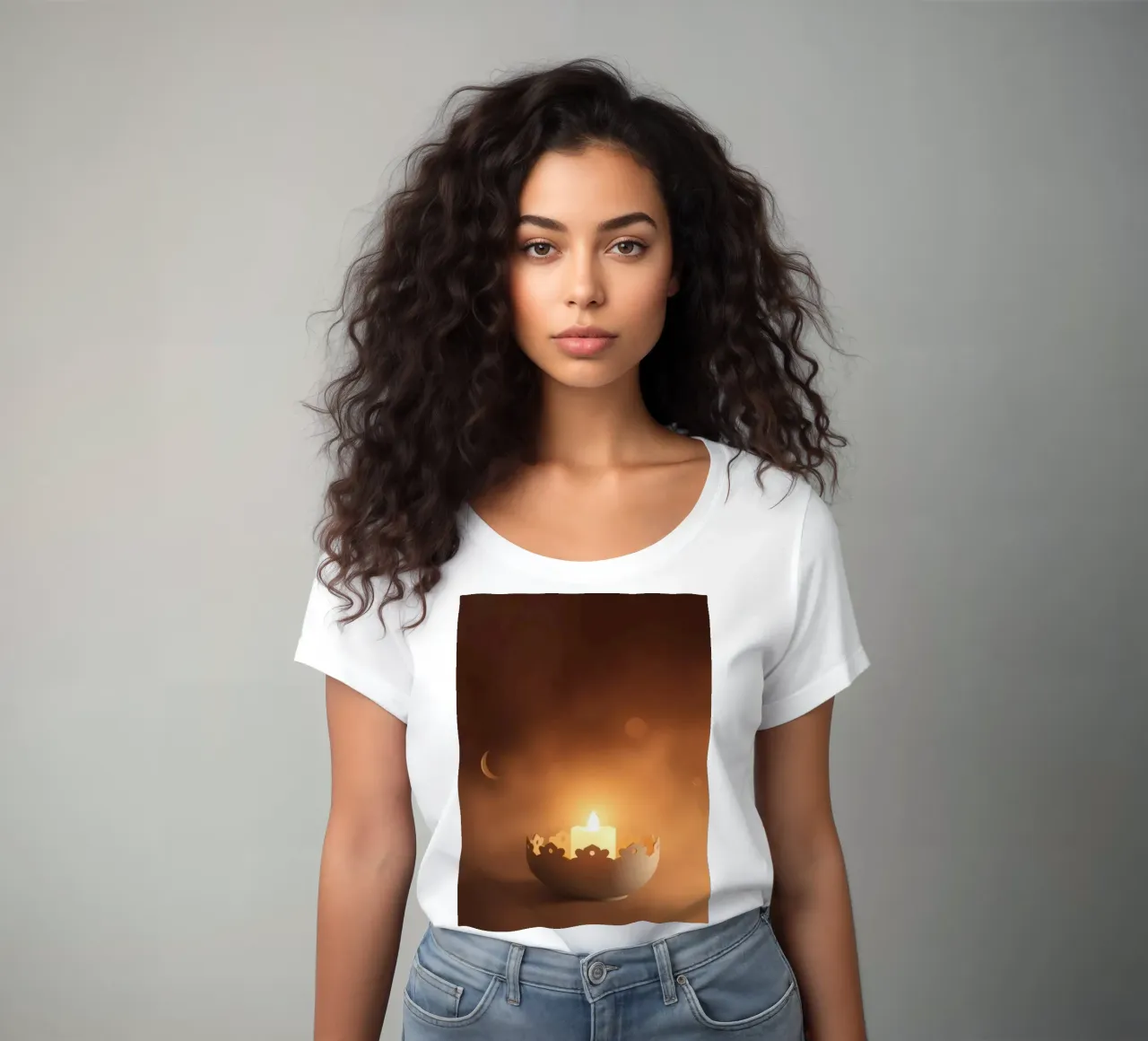 Candela a luce soffusa in un supporto ornato, circondata da un ciuffo di foglie. t-shirt da donna da DesignDoodle