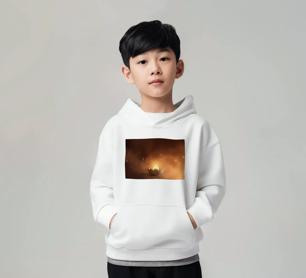 Candela a luce soffusa in un supporto ornato, circondata da un ciuffo di foglie. felpa bambino con cappuccio da DesignDoodle