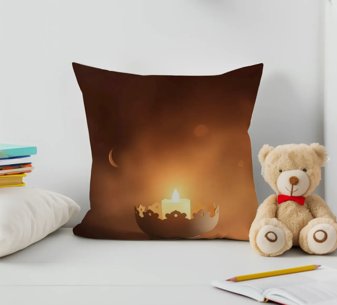 Candela a luce soffusa in un supporto ornato, circondata da un ciuffo di foglie. cuscino da DesignDoodle
