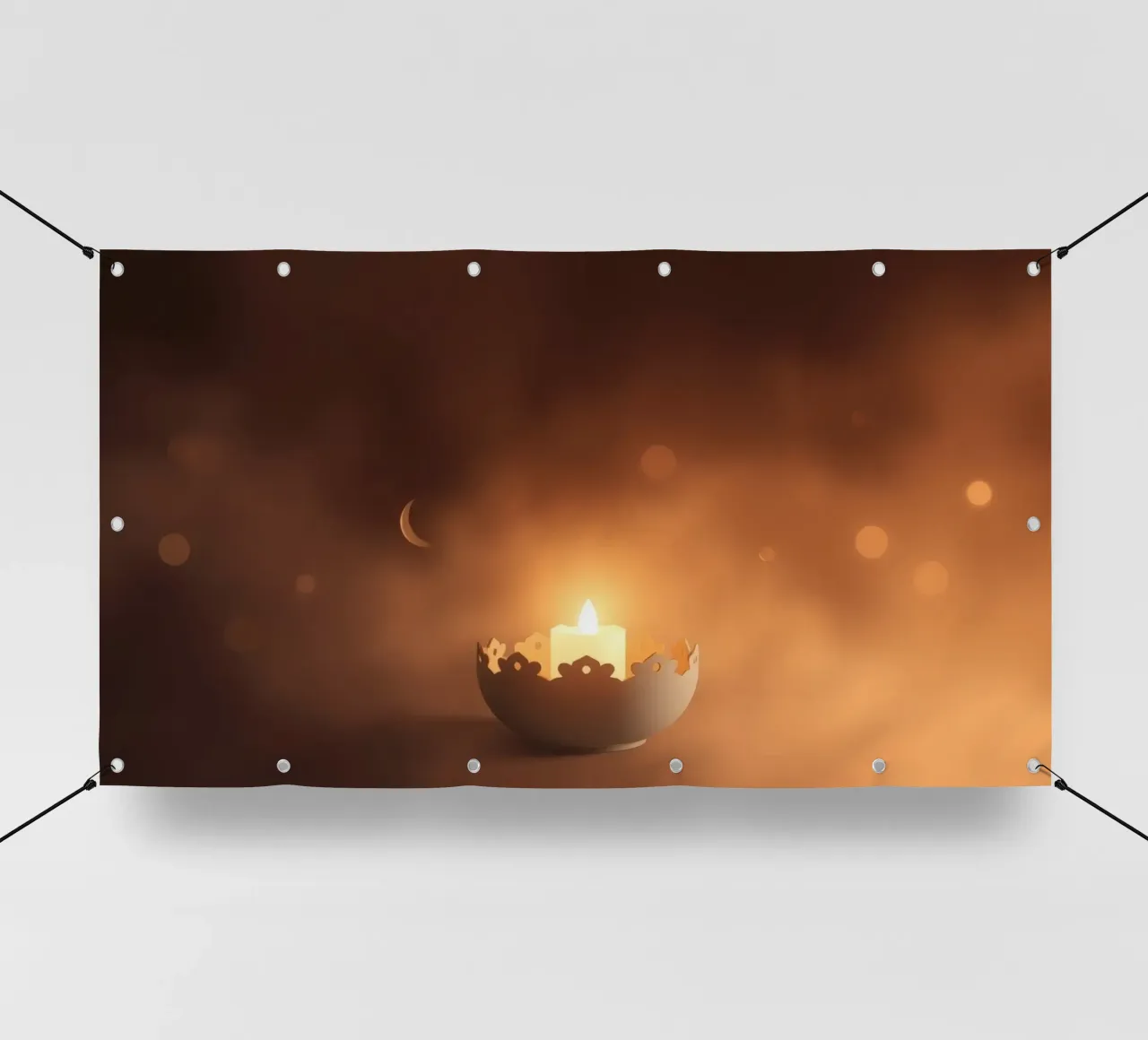 Candela a luce soffusa in un supporto ornato, circondata da un ciuffo di foglie. telo in pvc da DesignDoodle
