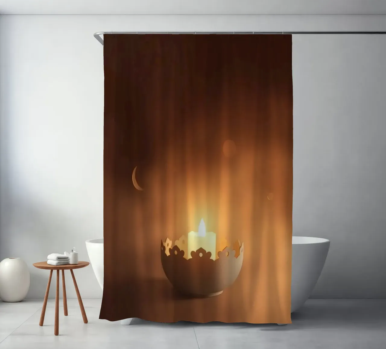 Candela a luce soffusa in un supporto ornato, circondata da un ciuffo di foglie. tenda da doccia da DesignDoodle