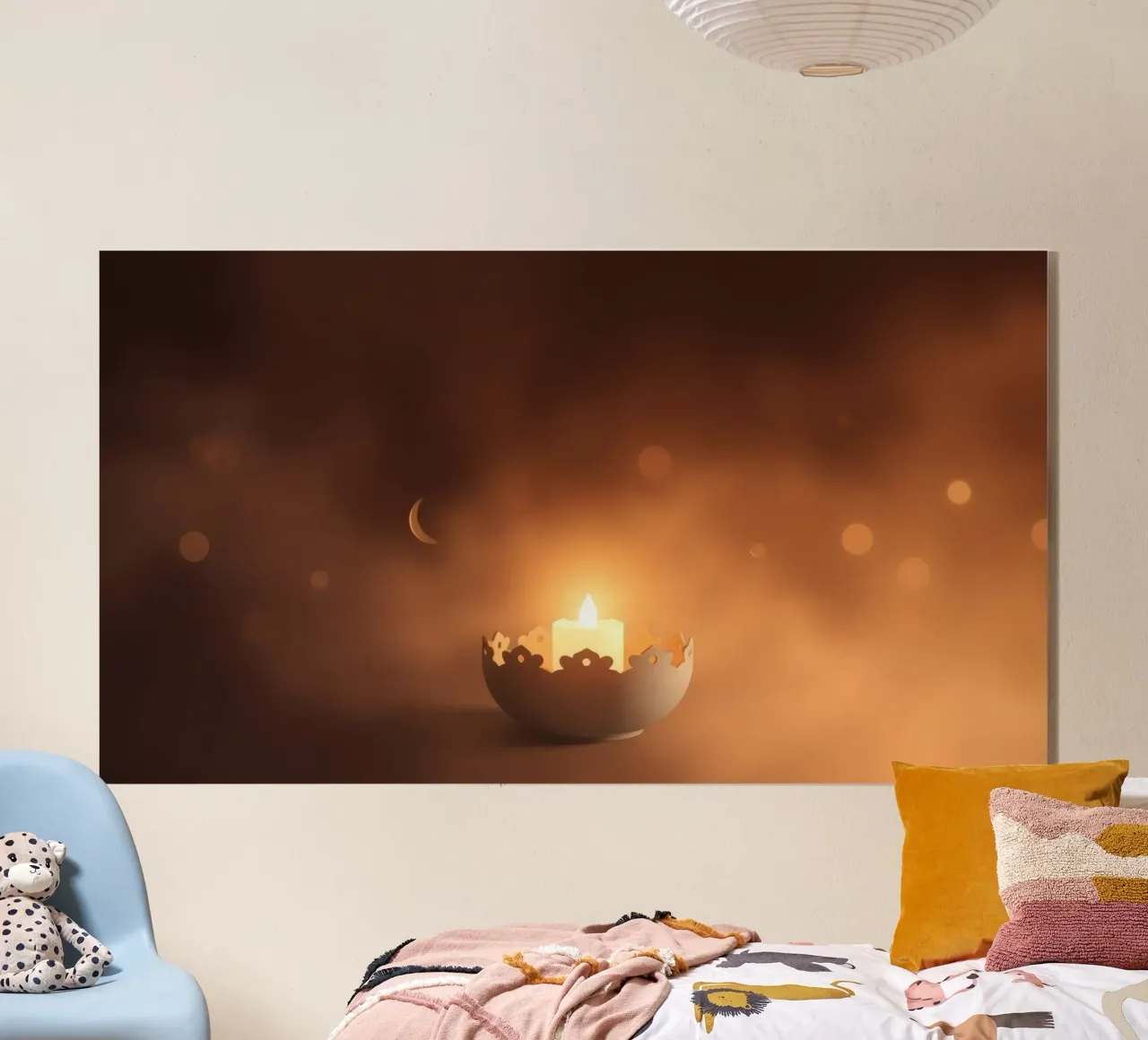 Candela a luce soffusa in un supporto ornato, circondata da un ciuffo di foglie. plexiglass da DesignDoodle
