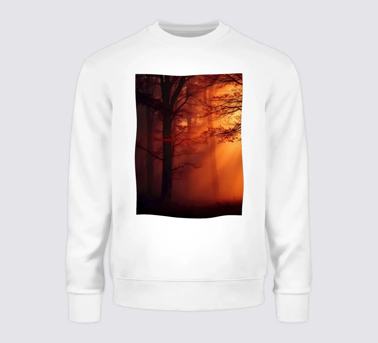 forest illuminated by warm orange light at dusk sweatshirt by DesignDoodle