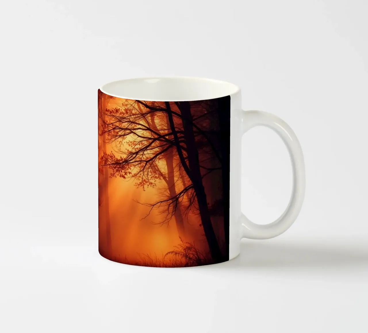 foresta illuminata da una calda luce arancione al crepuscolo tazza in ceramica da DesignDoodle