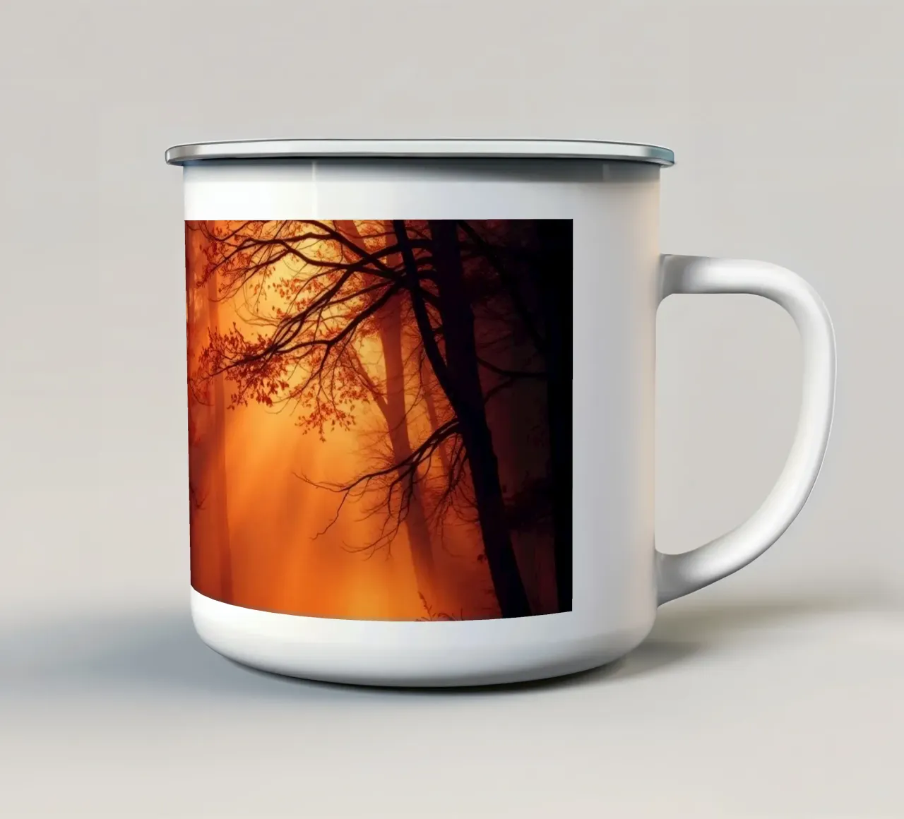 foresta illuminata da una calda luce arancione al crepuscolo tazza in smalto da DesignDoodle