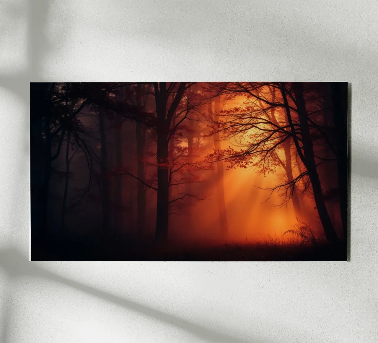 forest illuminated by warm orange light at dusk alu-dibond by DesignDoodle