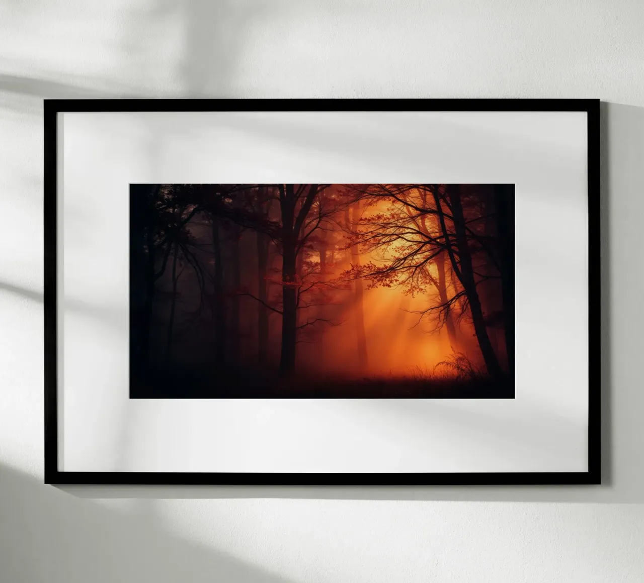 forest illuminated by warm orange light at dusk hahnemühle by DesignDoodle