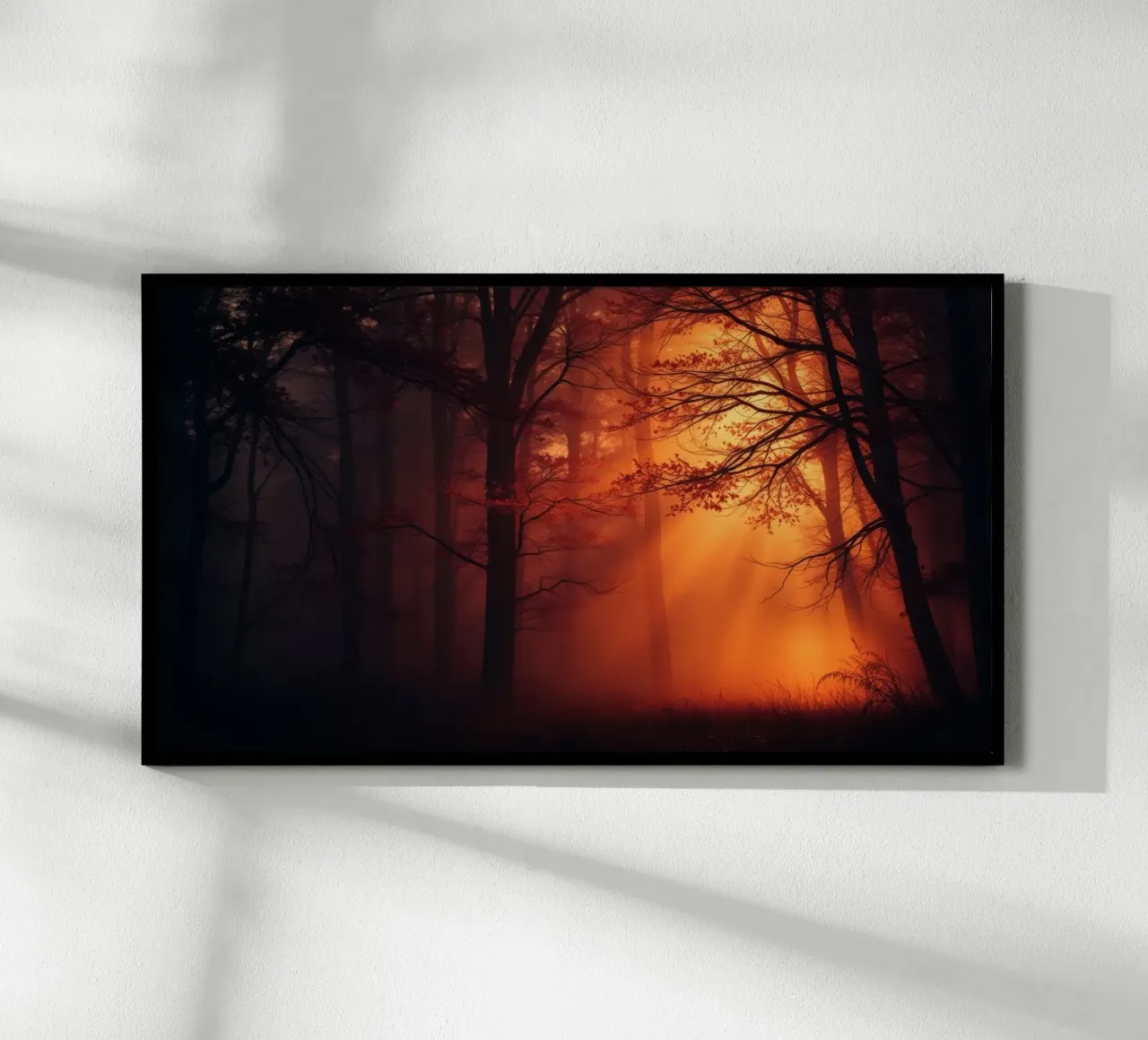 forest illuminated by warm orange light at dusk hahnemühle by DesignDoodle