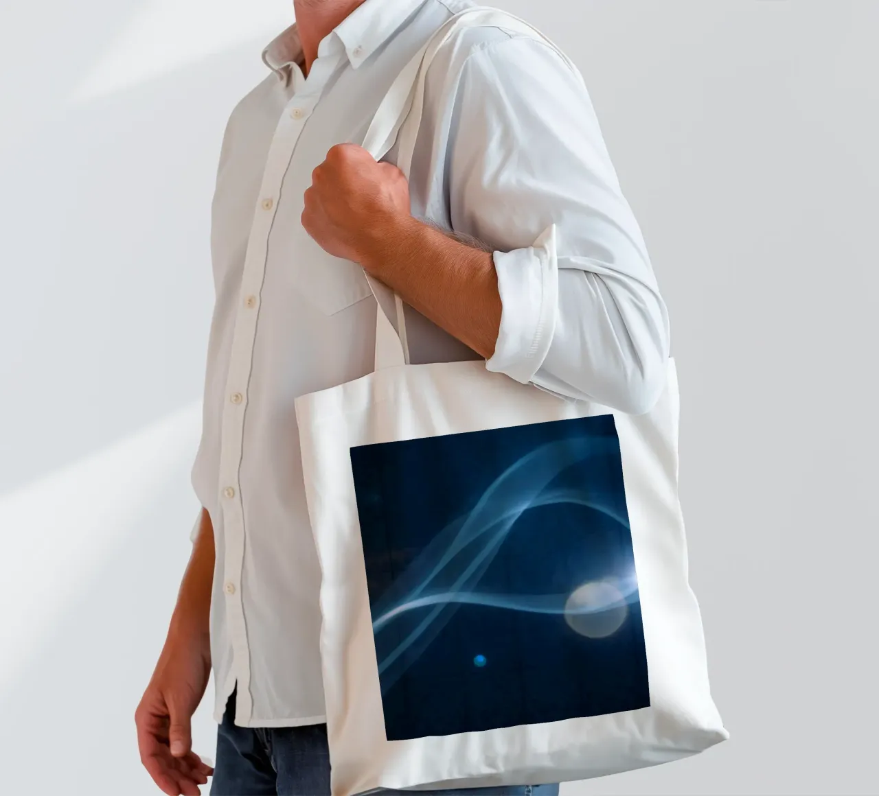 Flowing blue light waves create a calming visual effect tote bag by DesignDoodle