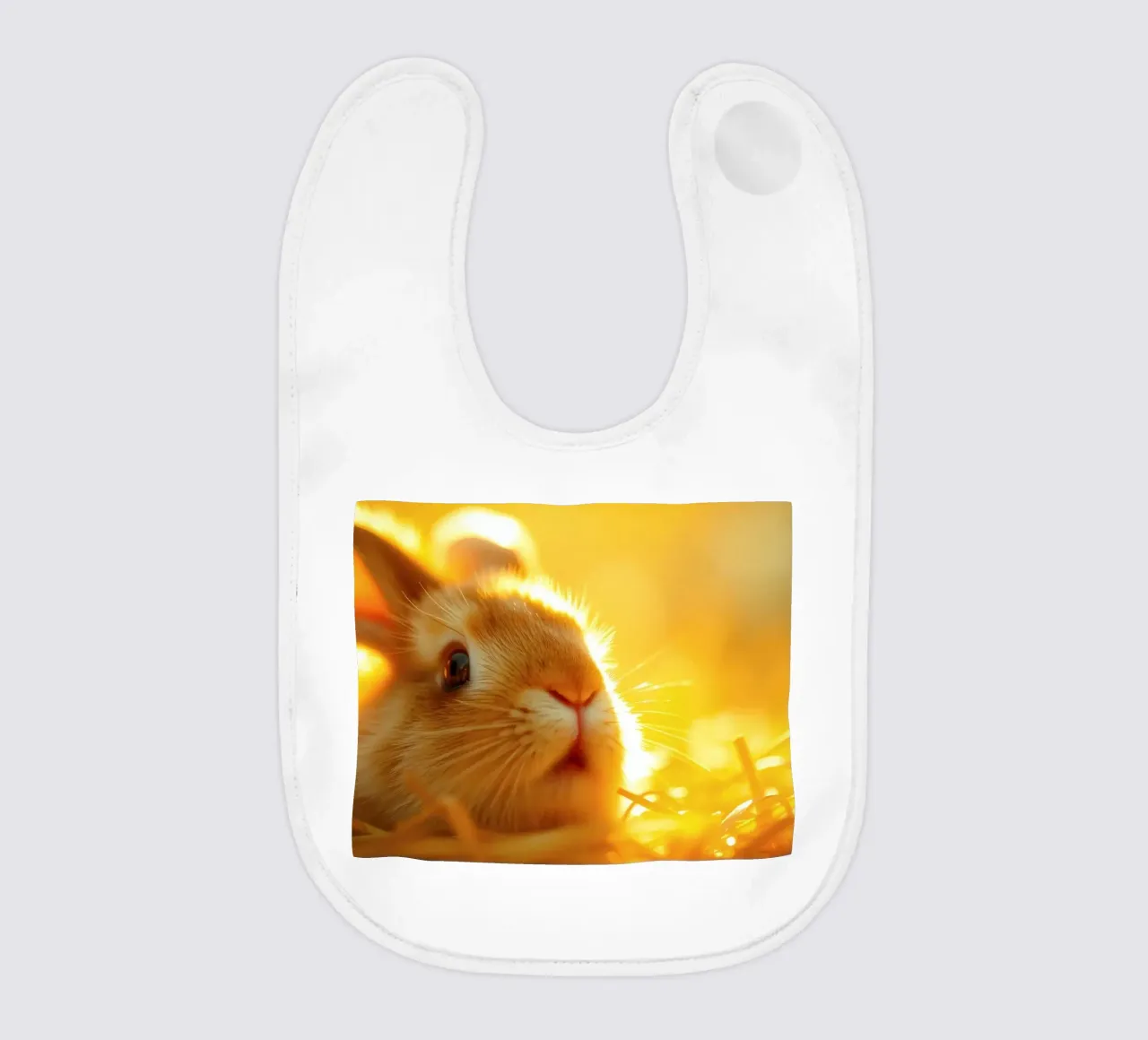 Soft golden light illuminates a rabbit resting among straw baby bib by DesignDoodle