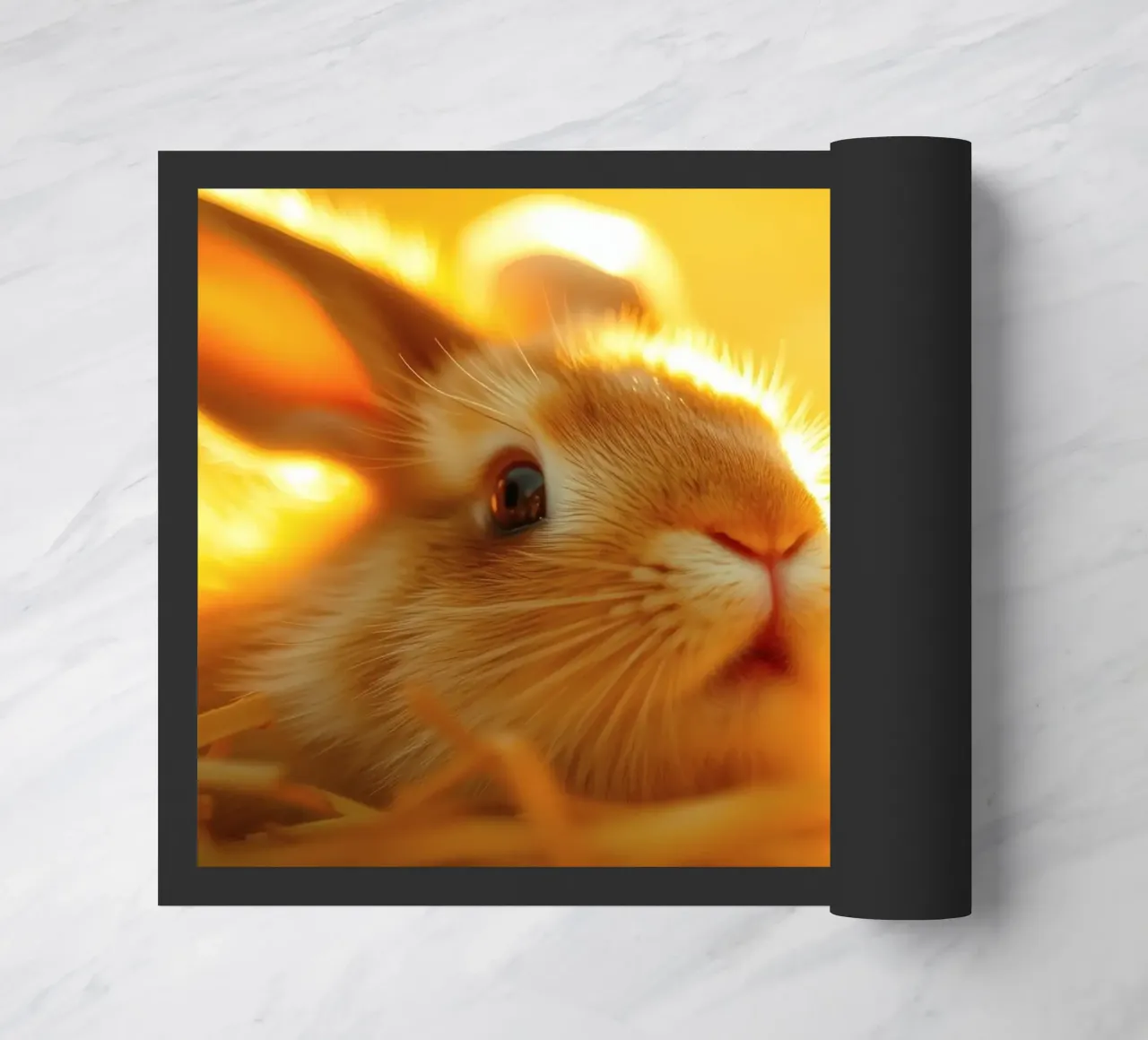Une douce lumière dorée éclaire un lapin se reposant dans la paille. paillasson de DesignDoodle