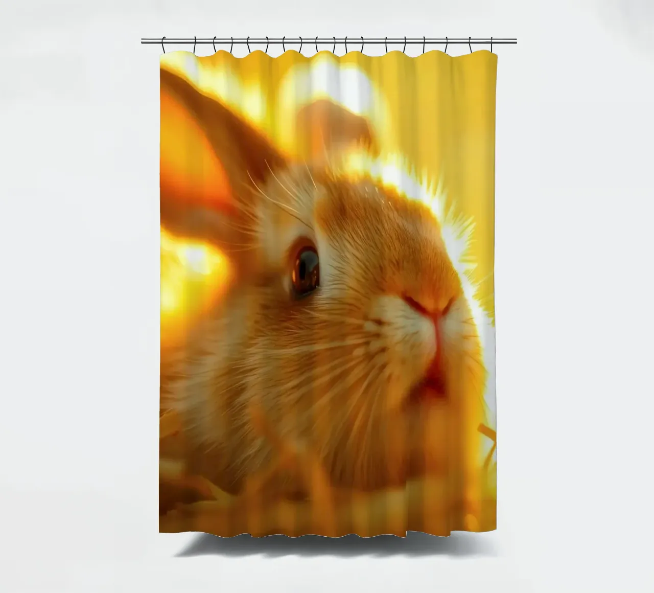 Une douce lumière dorée éclaire un lapin se reposant dans la paille. rideau de douche de DesignDoodle