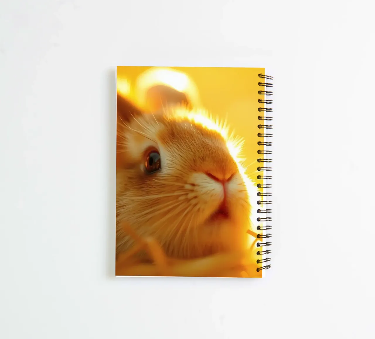 Une douce lumière dorée éclaire un lapin se reposant dans la paille. carnet à spirale de DesignDoodle