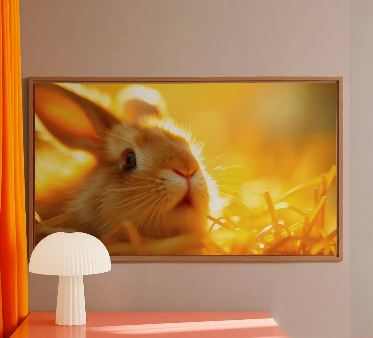 Una suave luz dorada ilumina un conejo descansando entre paja aluminio dibond de DesignDoodle